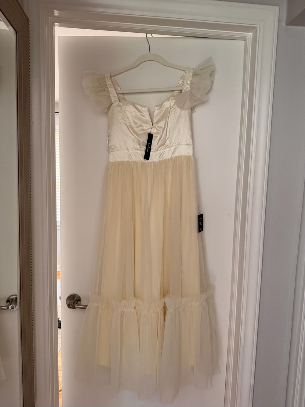 Lulu's Cream Tulle Ruffle Strap Maxi Dress